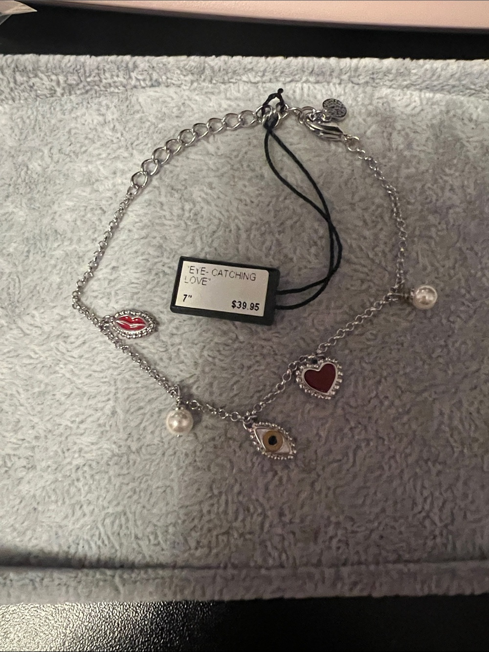 Silver Charm bracelet with Red Heart and Pearl Accents